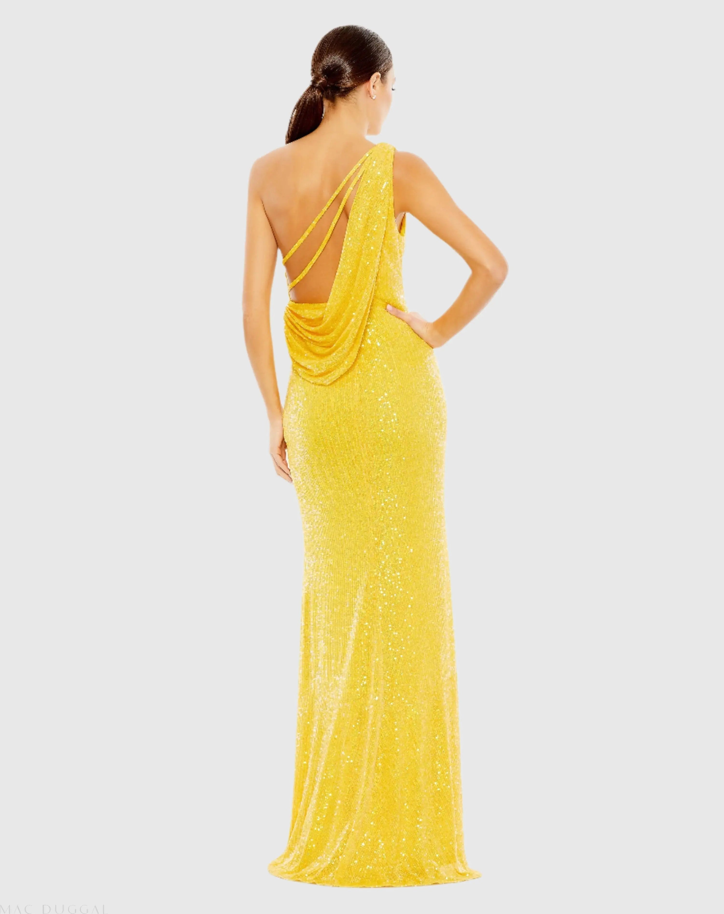 Yellow Sequined One Shoulder Draped Back Gown