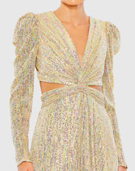 Gold Metallic Puff Sleeve Front Twist Cut Out Gown