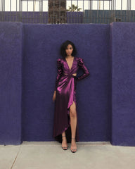 Purple Princess Sleeve Cut Out Metallic Gown