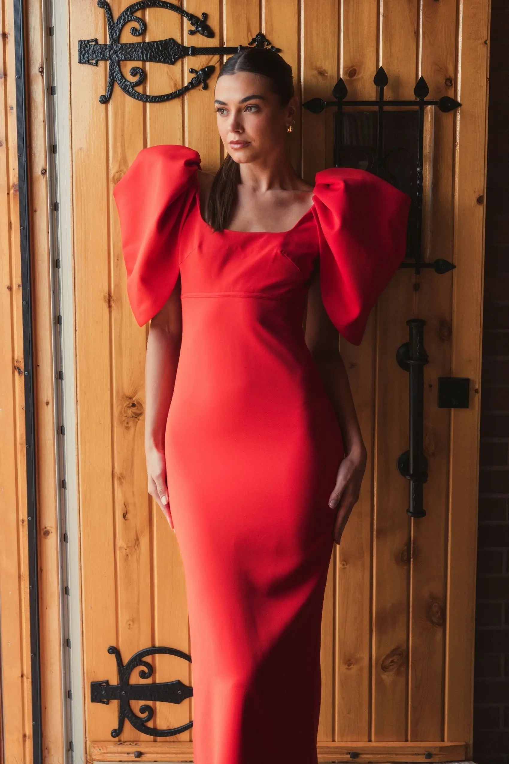 Red Fitted Crepe Square Neck Gown With Puff Sleeves