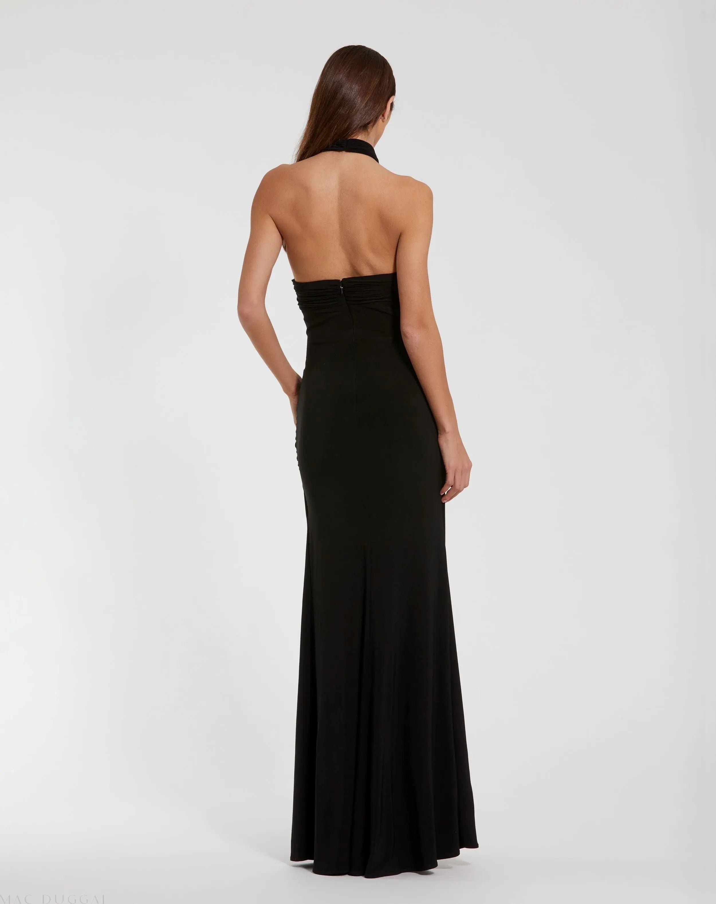 Black Jersey Crossover Halter Neck Gown With 3D Flower