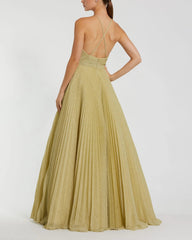 Gold Shimmering Pleated High Neck Ballgown