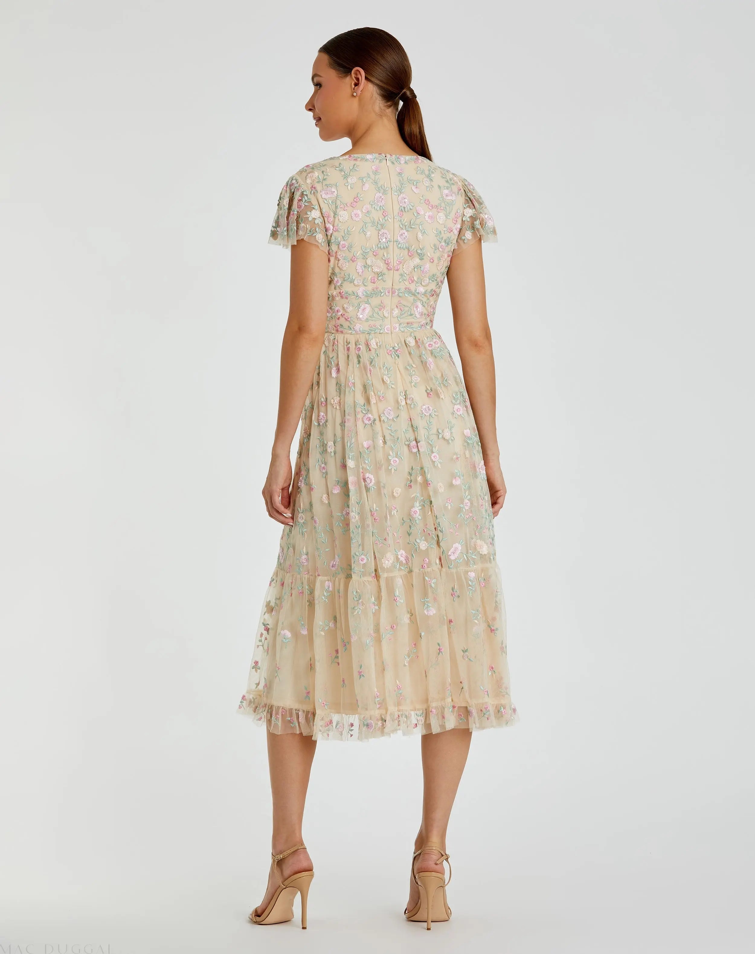 Beige Multicolor Embroidered V Neck Cap Sleeve Midi Dress