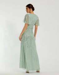 Green Beaded Wrap Over Butterfly Sleeve Column Gown