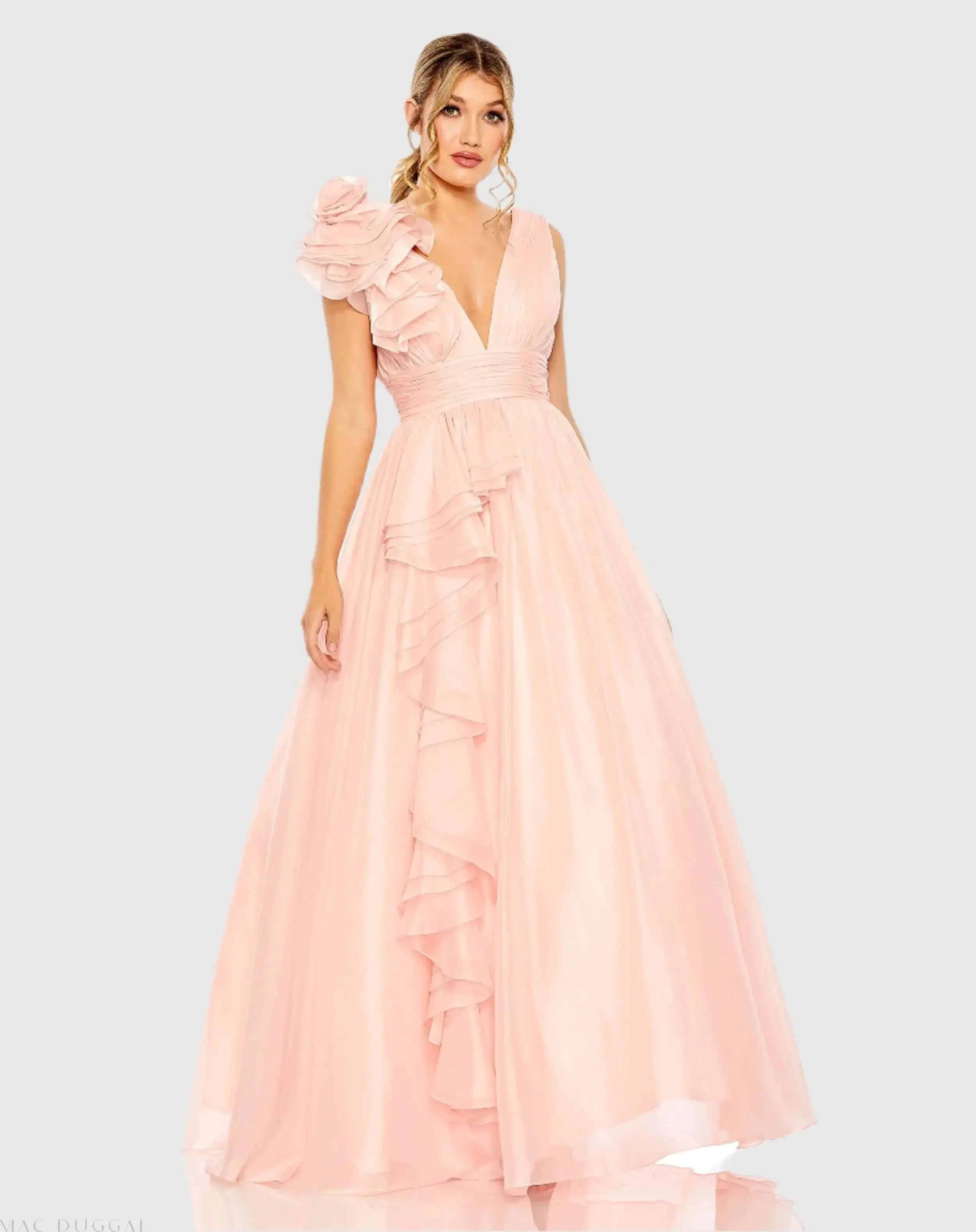 Ruffle Shoulder V-Neck Chiffon Gown