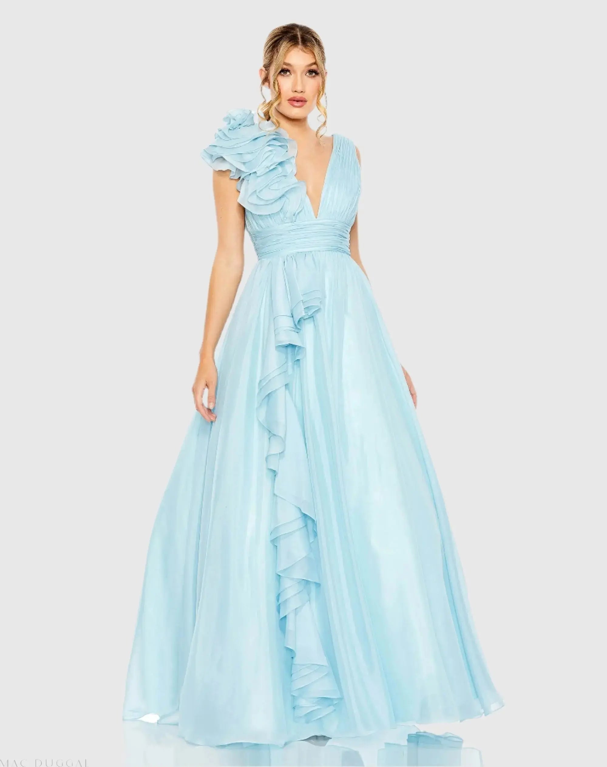 Ruffle Shoulder V-Neck Chiffon Gown
