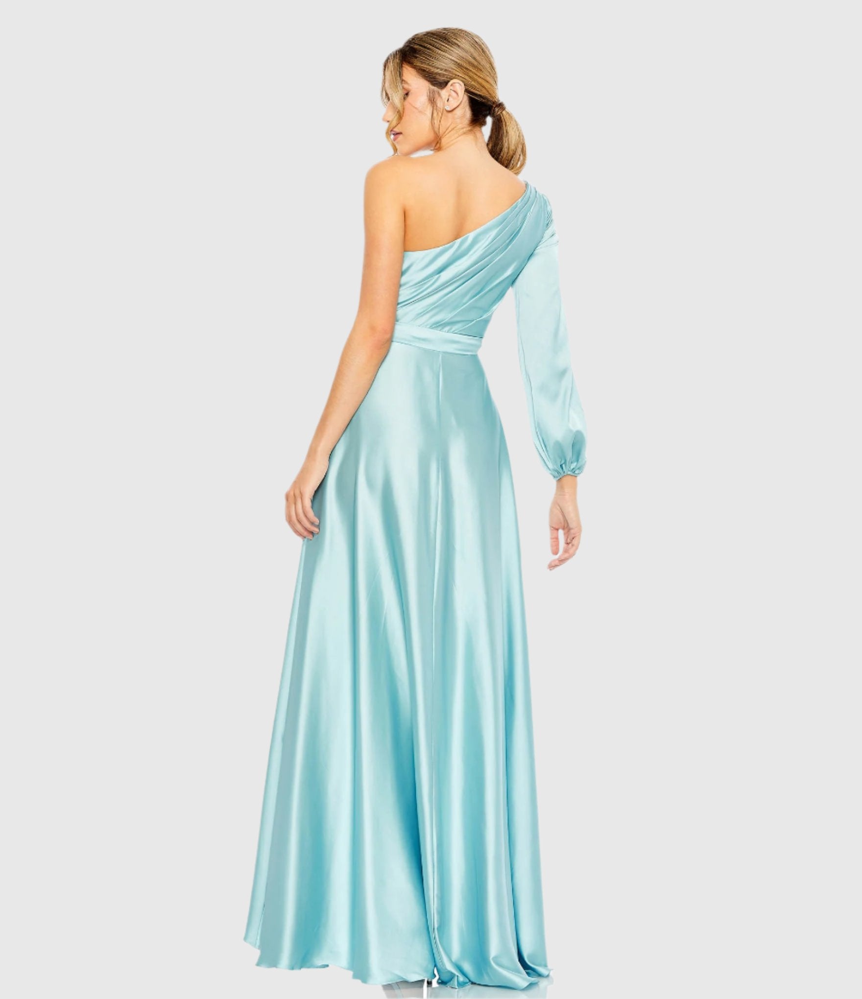 Blue Long Sleeve One Shoulder Satin High Low A-line Gown