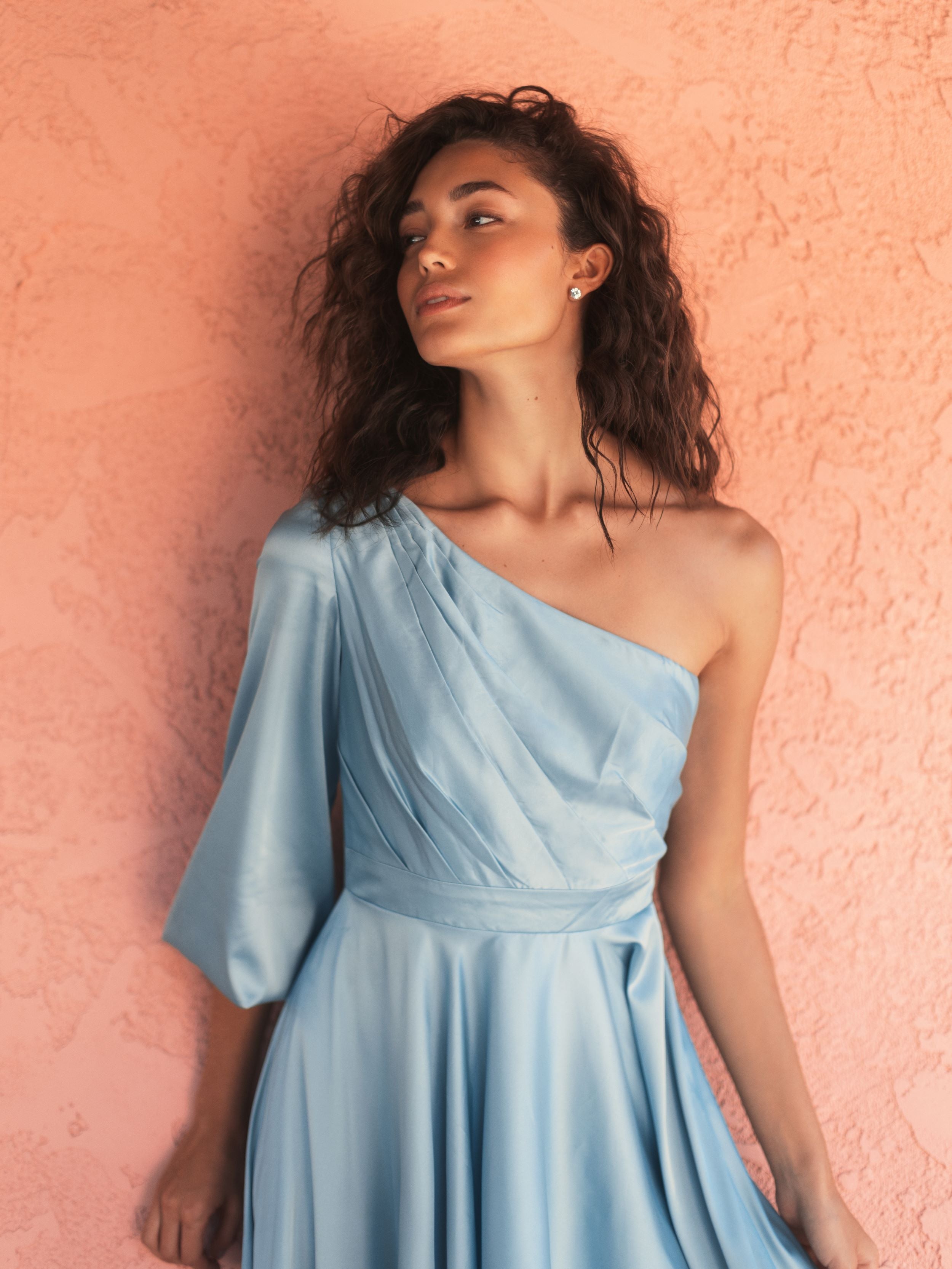 Blue Long Sleeve One Shoulder Satin High Low A-line Gown