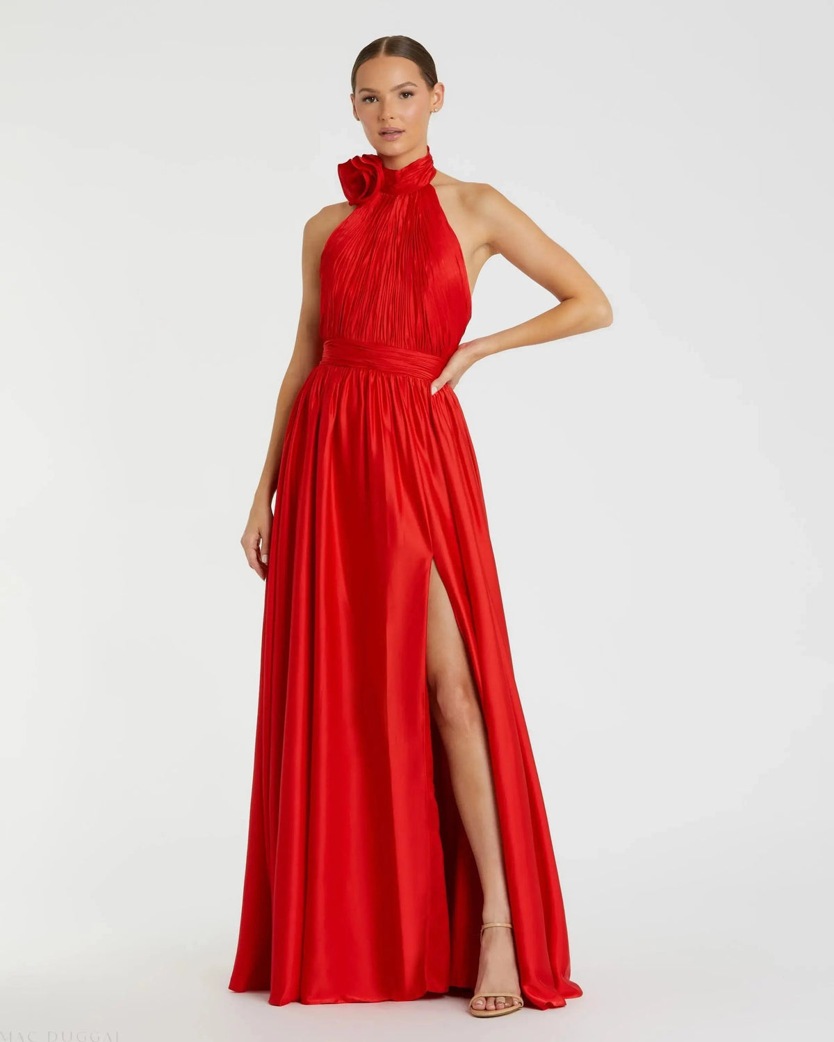 Red Soft Tie Halter Neck High Slit Gown