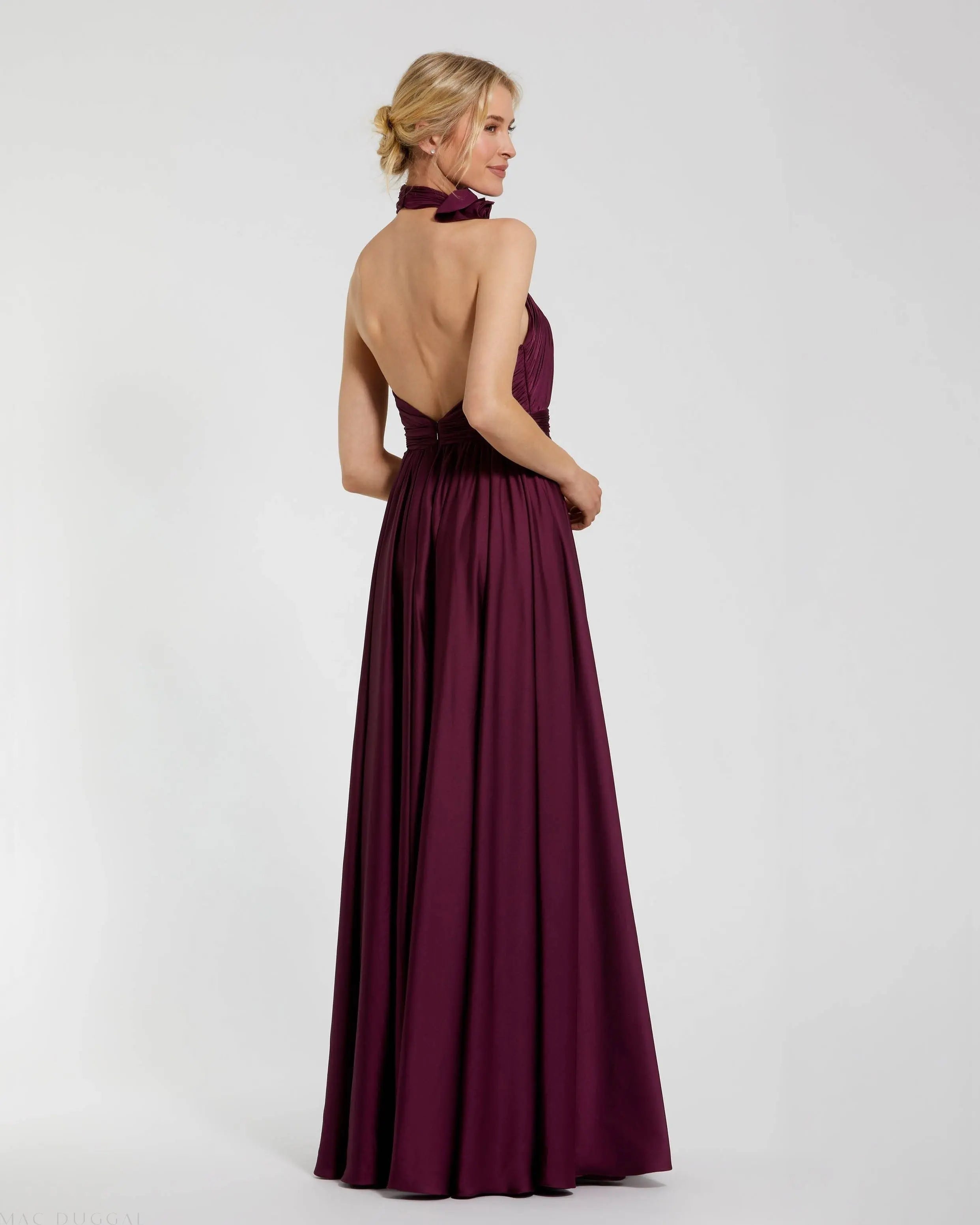 Purple Soft Tie Halter Neck High Slit Gown
