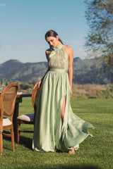 Green Soft Tie Halter Neck High Slit Gown