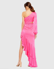 Pink One Sleeve Cut Out Asymmetrical Ruffled Gown