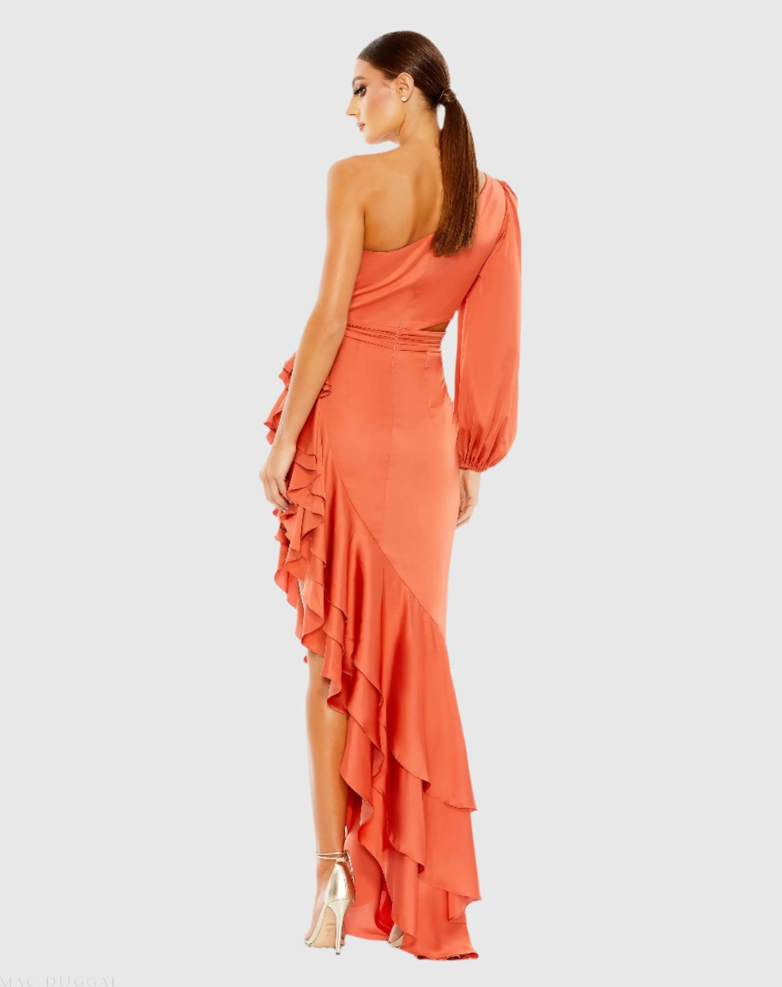 Orange One Sleeve Cut Out Asymmetrical Ruffled Gown