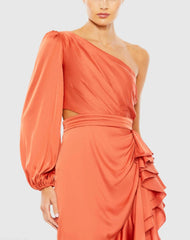 Orange One Sleeve Cut Out Asymmetrical Ruffled Gown