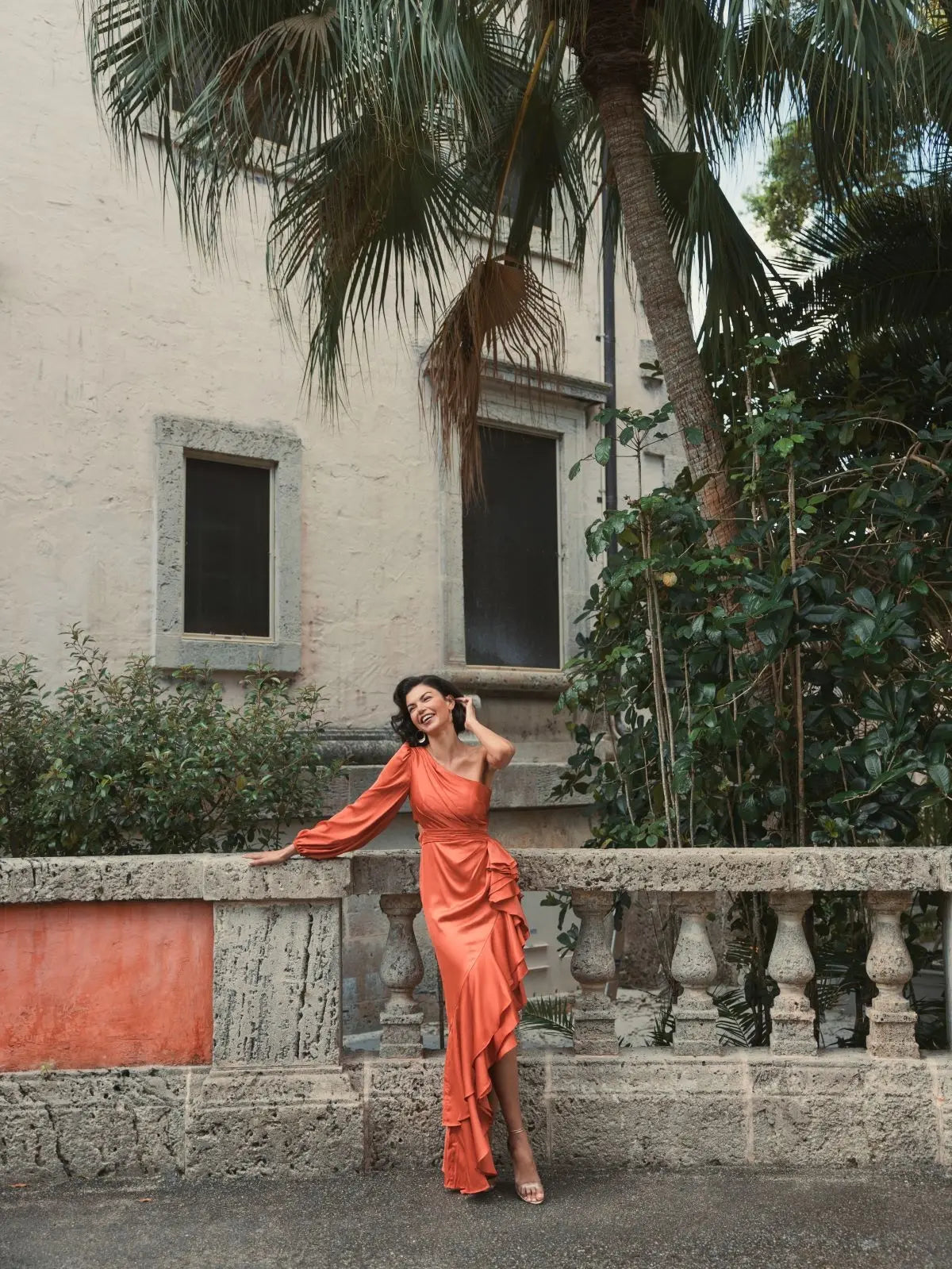 Orange One Sleeve Cut Out Asymmetrical Ruffled Gown