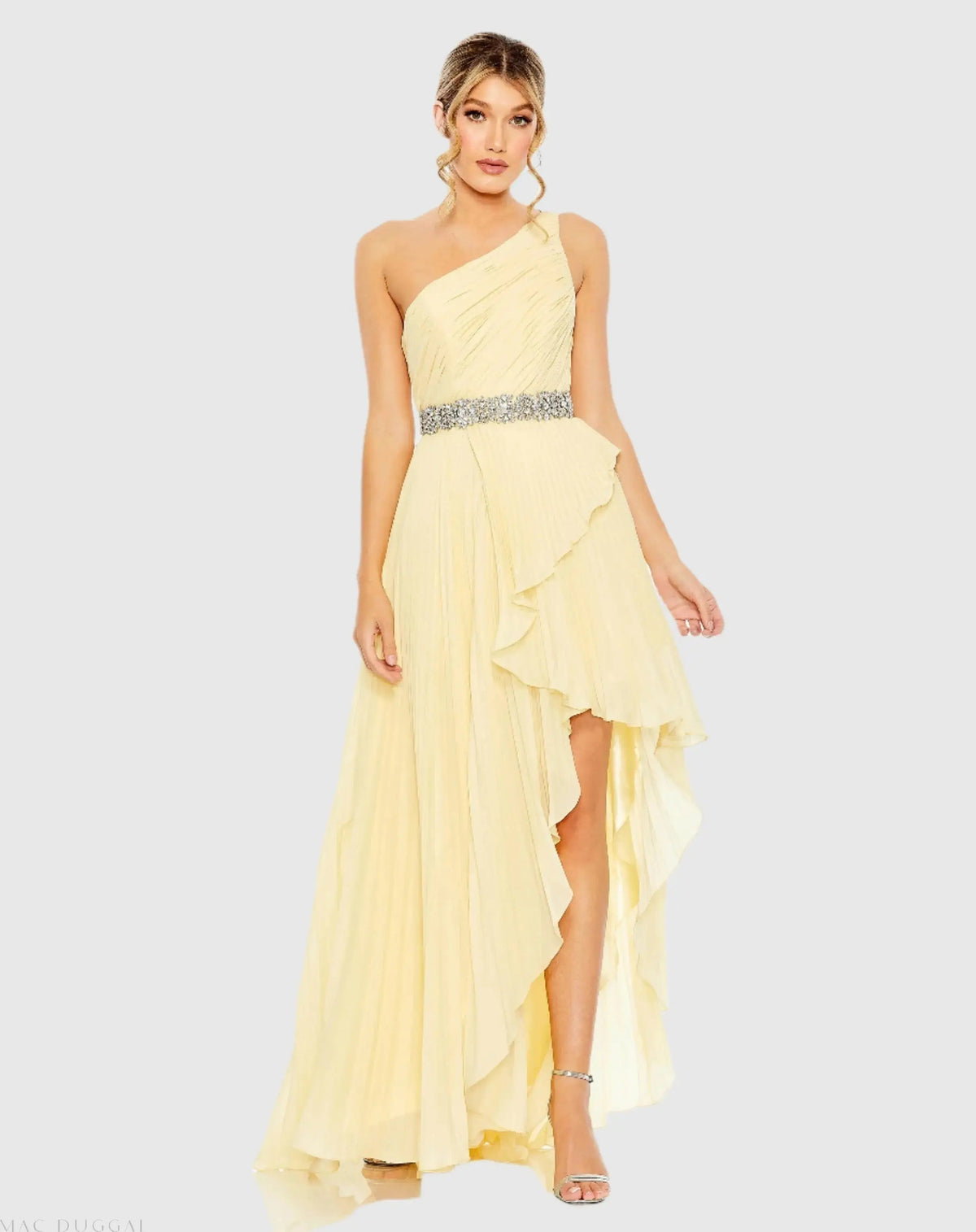 Yellow Pleated One Shoulder Asymmetrical Ruffle Hem Gown
