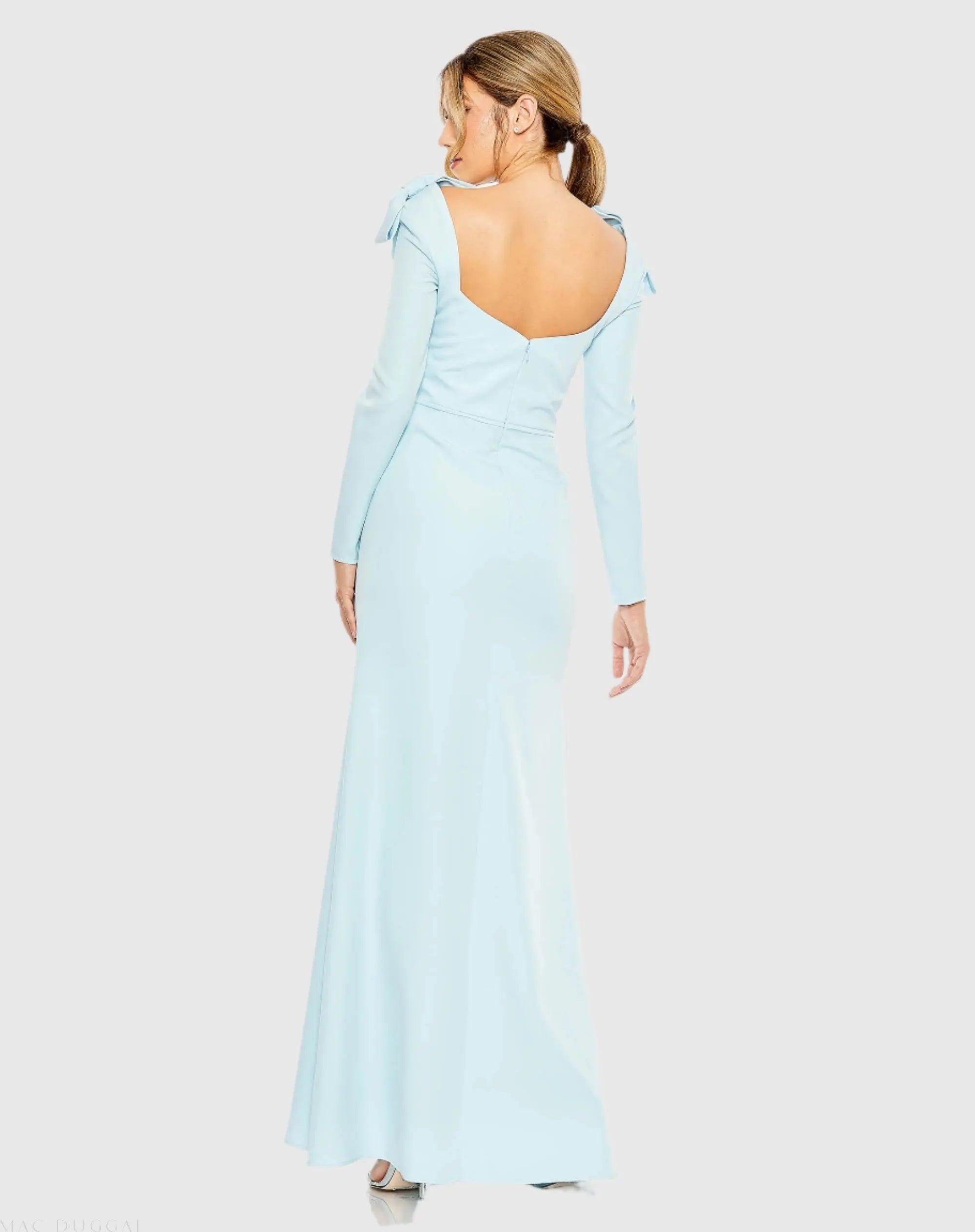 Blue Empire Waist Long Sleeve Bow Shoulder Gown
