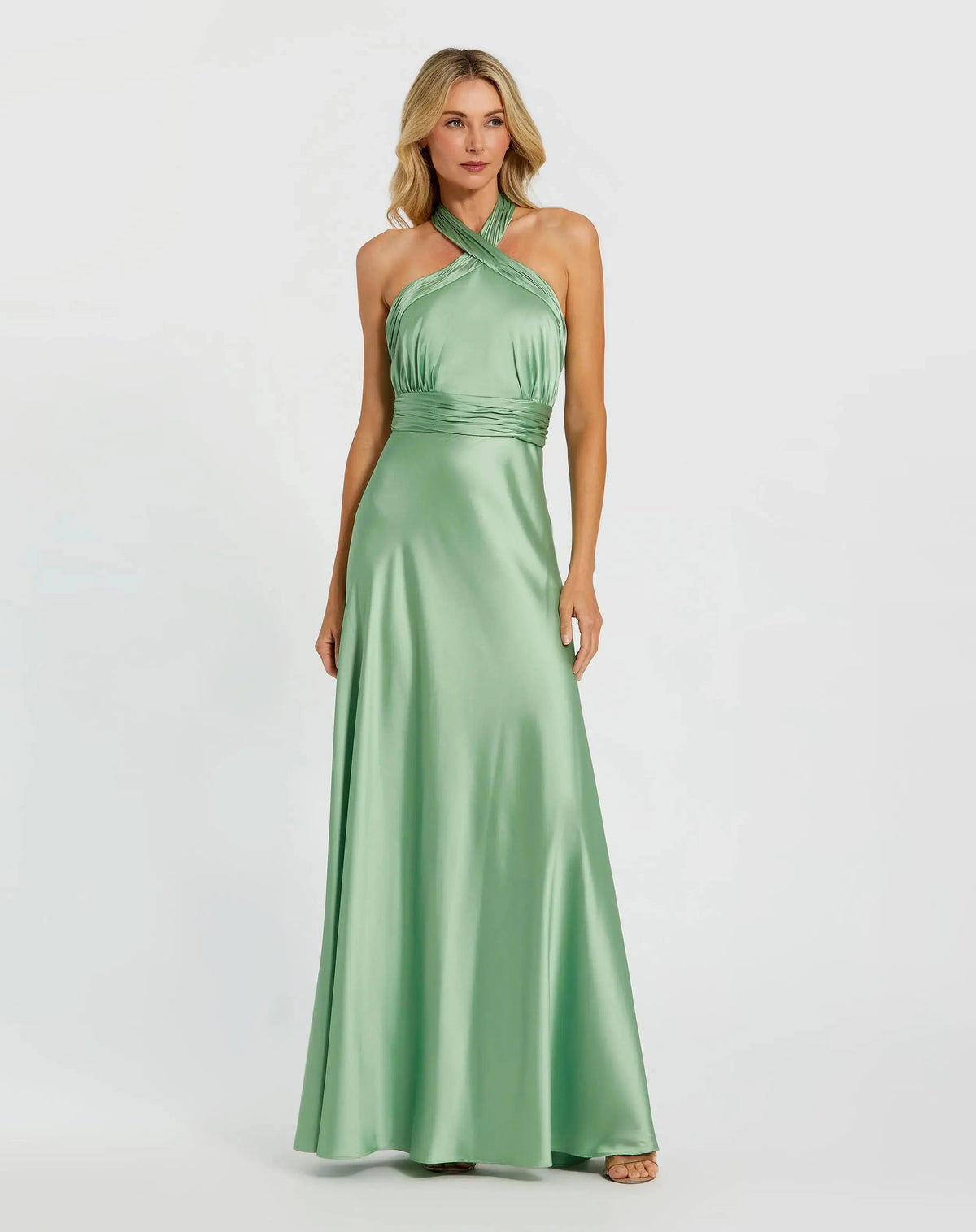 Green Ruched Halter Neck Tie Back Satin Gown