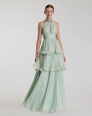 Green High Neck Chiffon Tiered Gown with Cut Out