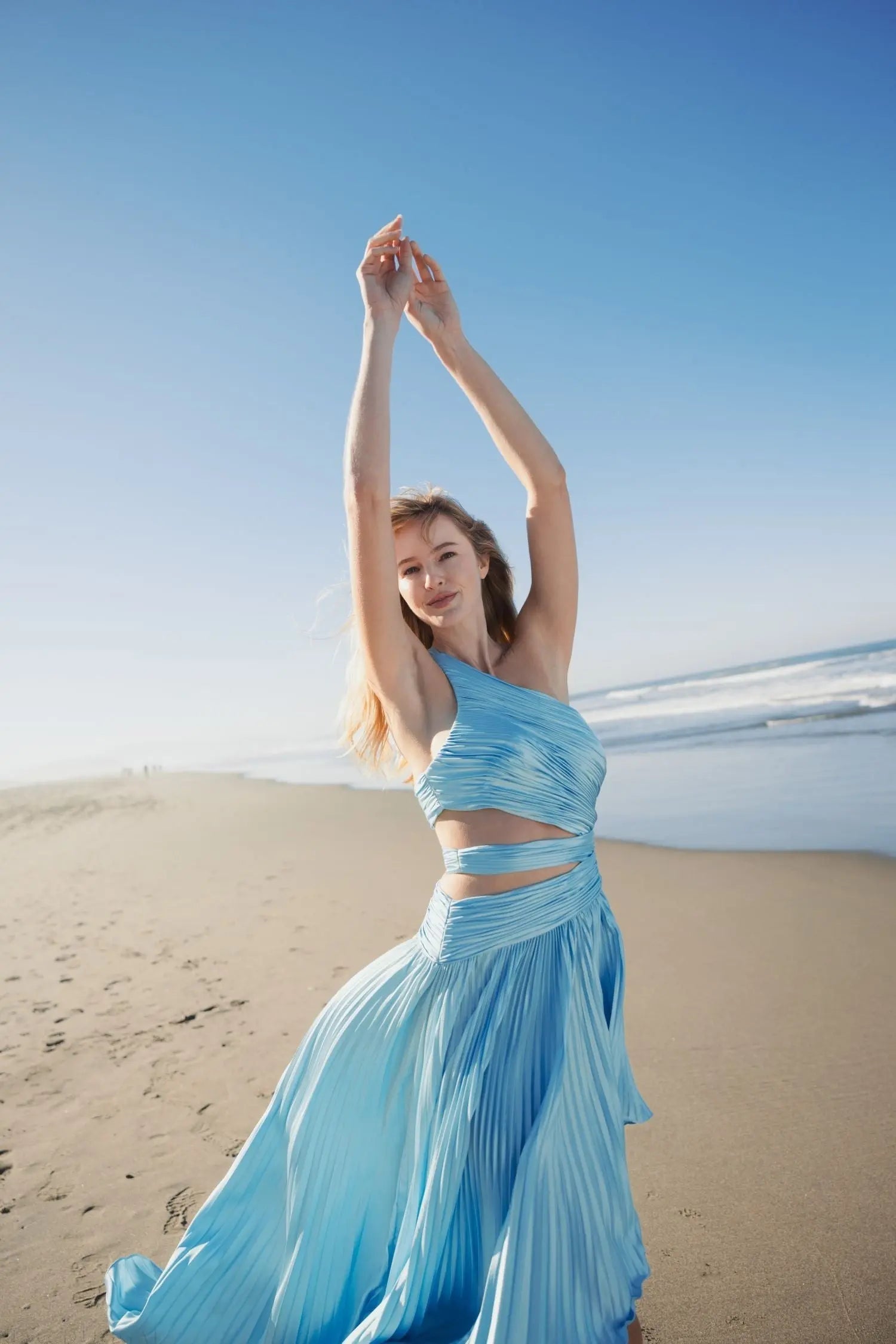 Blue One Shoulder Pleated Charmeuse High Low Gown