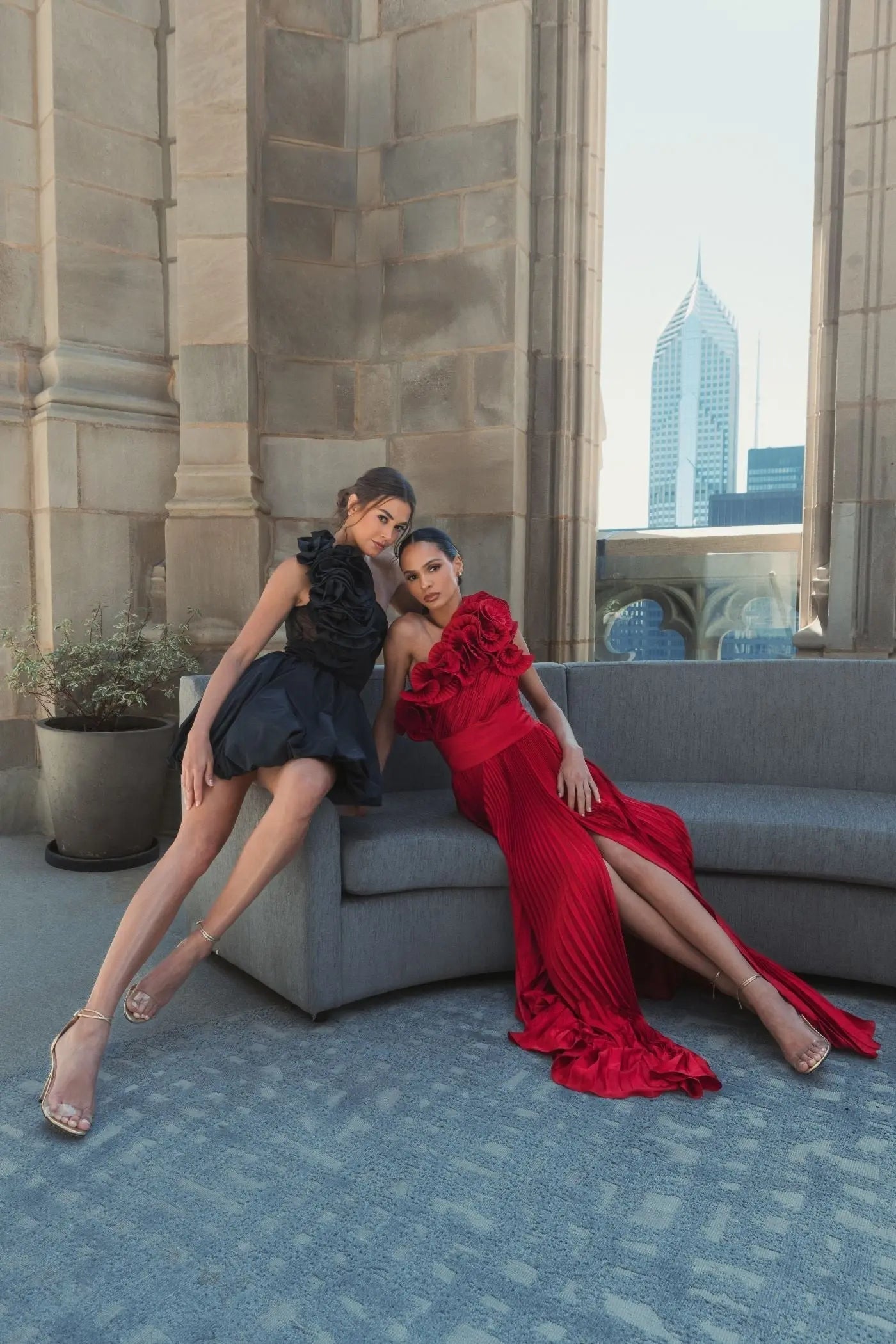 Red Pleated Charmeuse One-Shoulder Evening Gown with Ruffle Detail