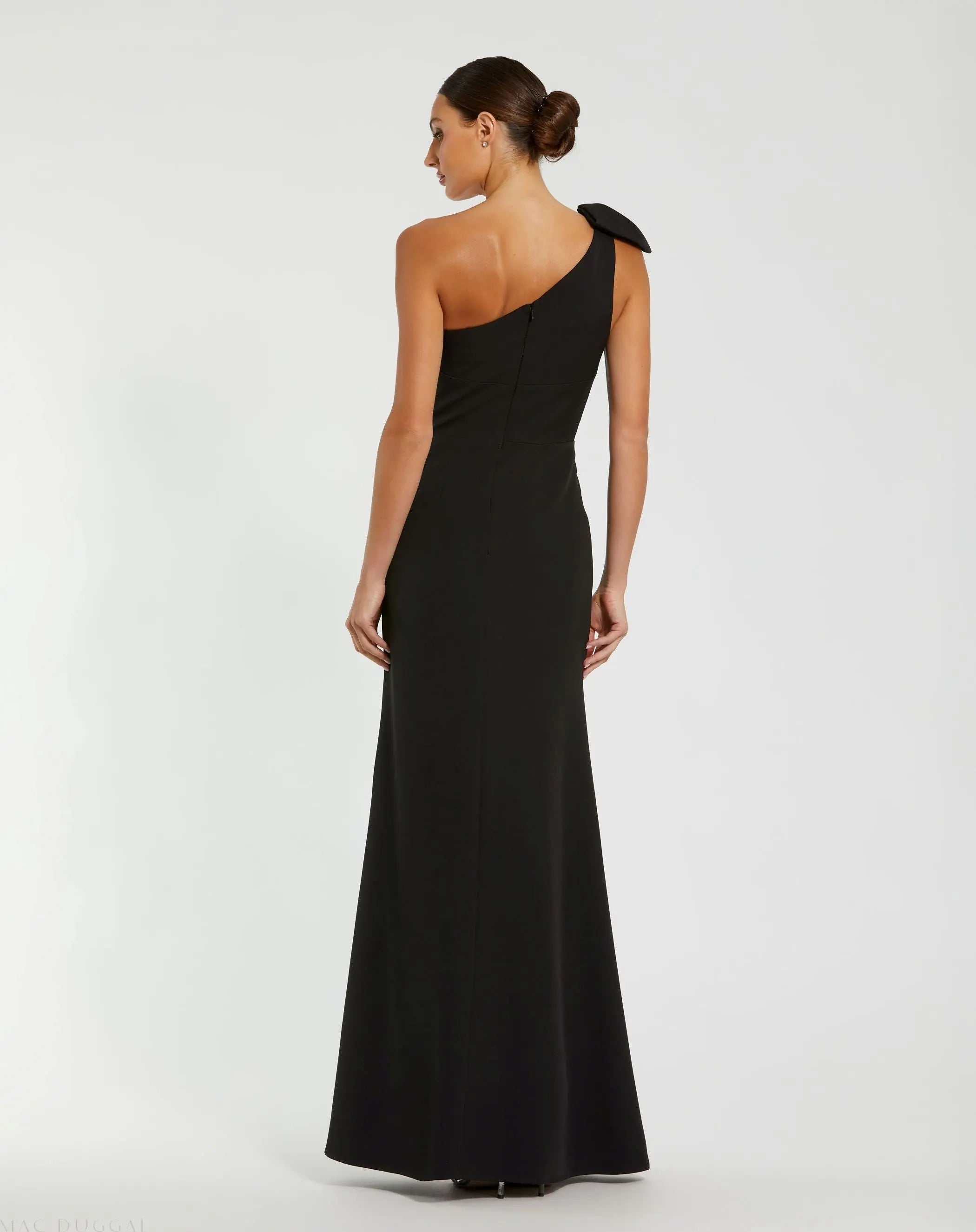 Black Crepe One Shoulder Fitted Evening Gown With Bow
