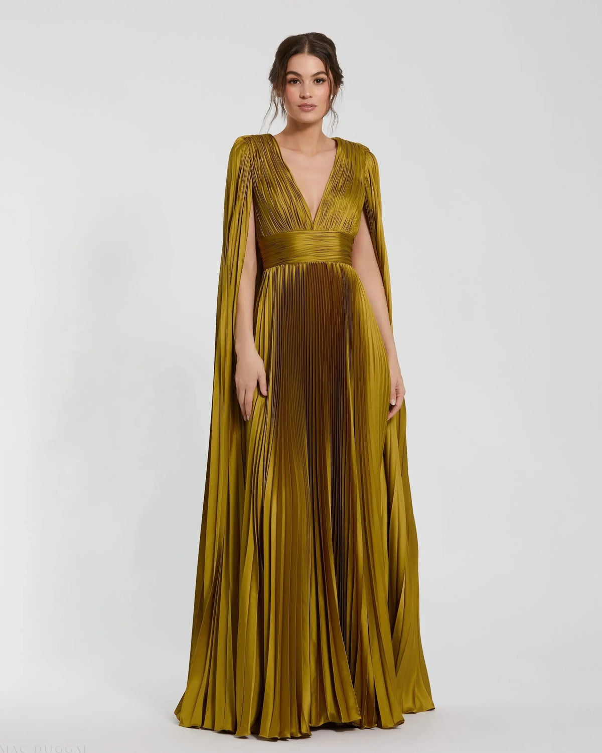 Green Pleated Charmeuse V Neck Gown With Cape