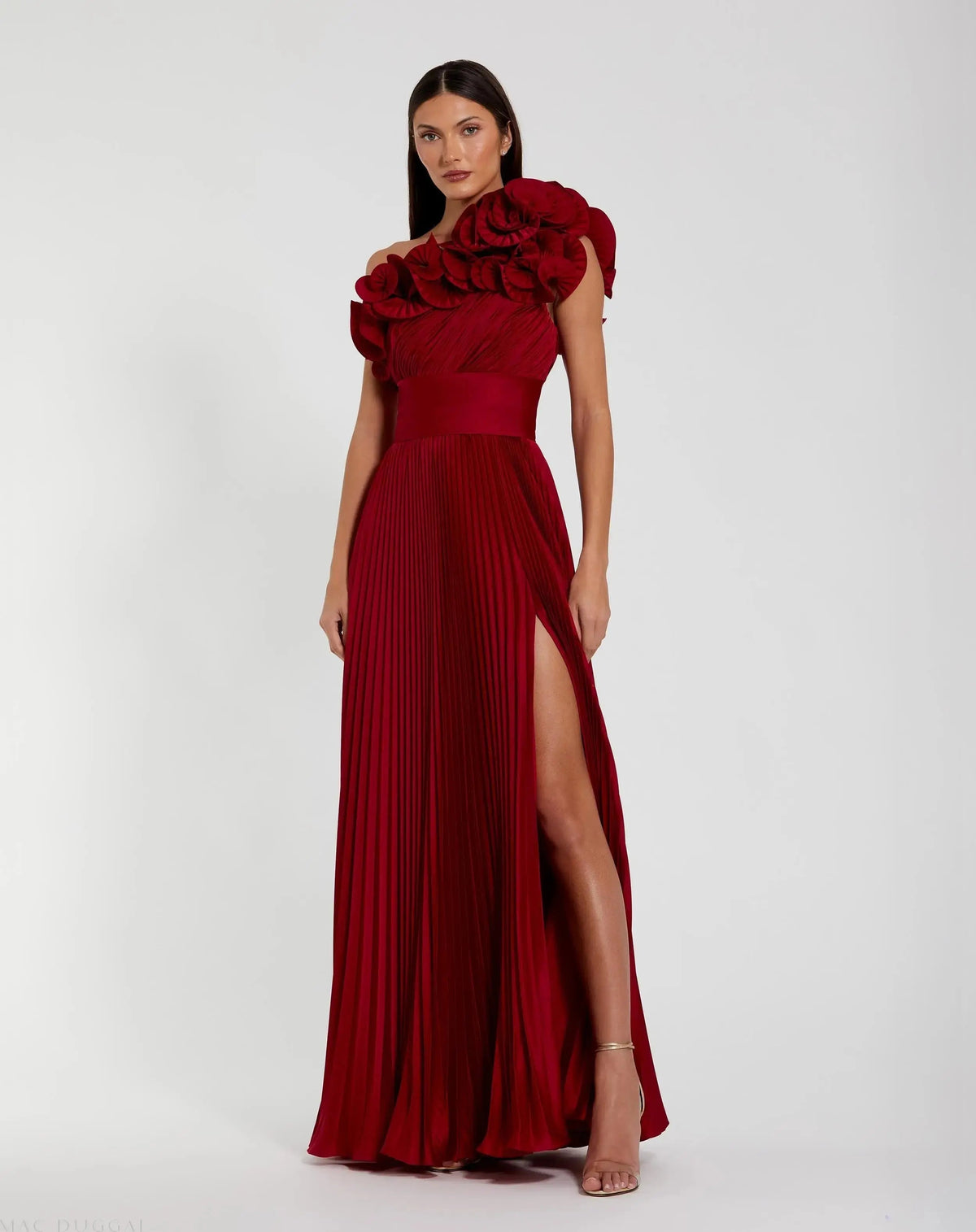 Red Pleated Charmeuse One-Shoulder Evening Gown with Ruffle Detail