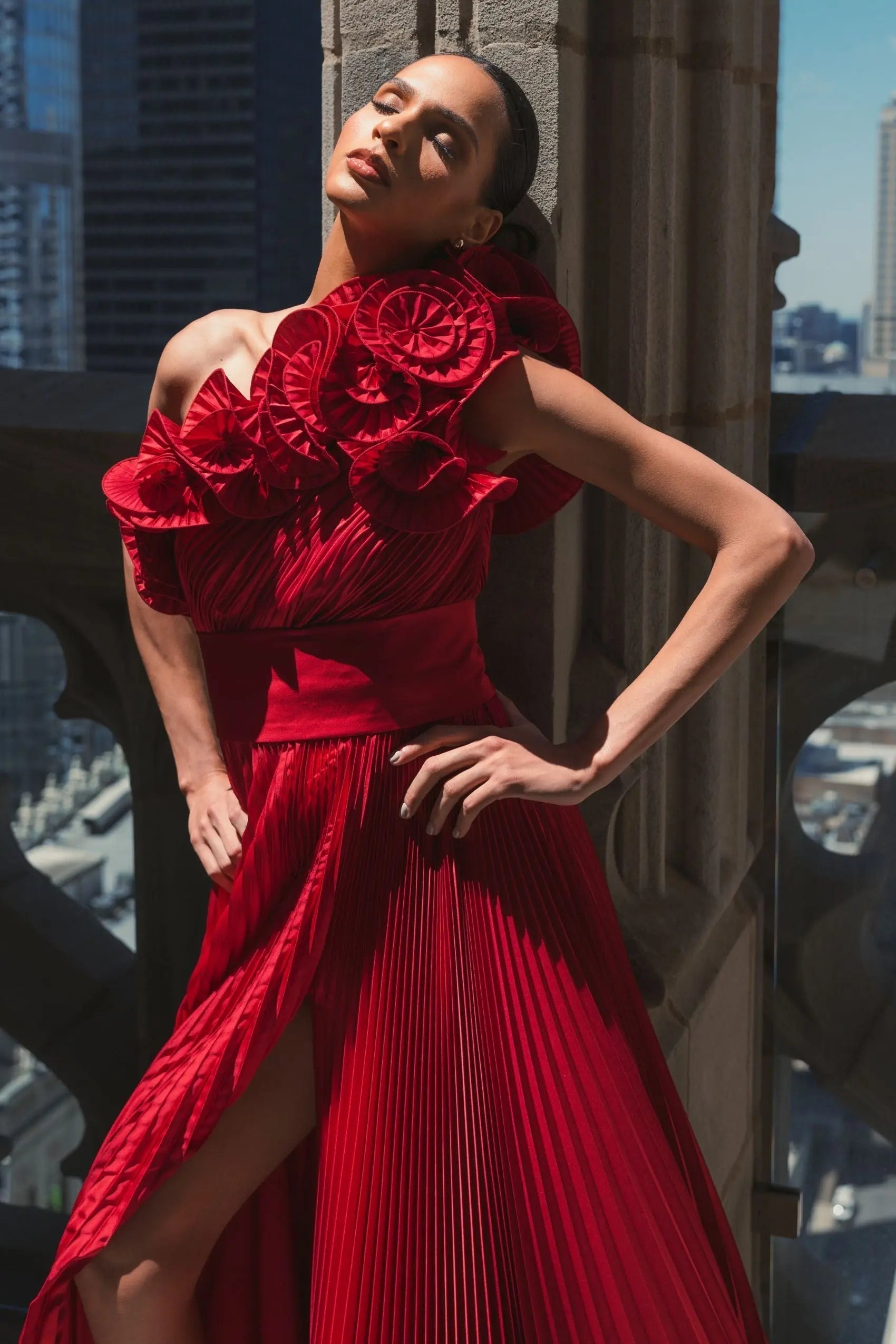 Red Pleated Charmeuse One-Shoulder Evening Gown with Ruffle Detail