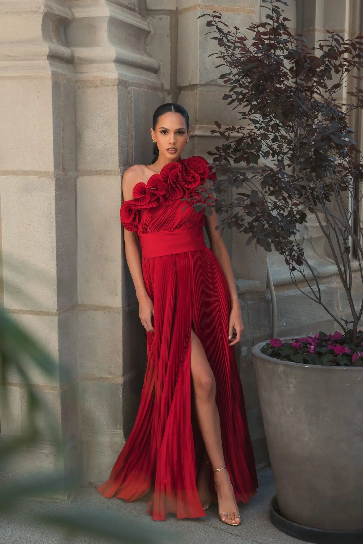 Red Pleated Charmeuse One-Shoulder Evening Gown with Ruffle Detail