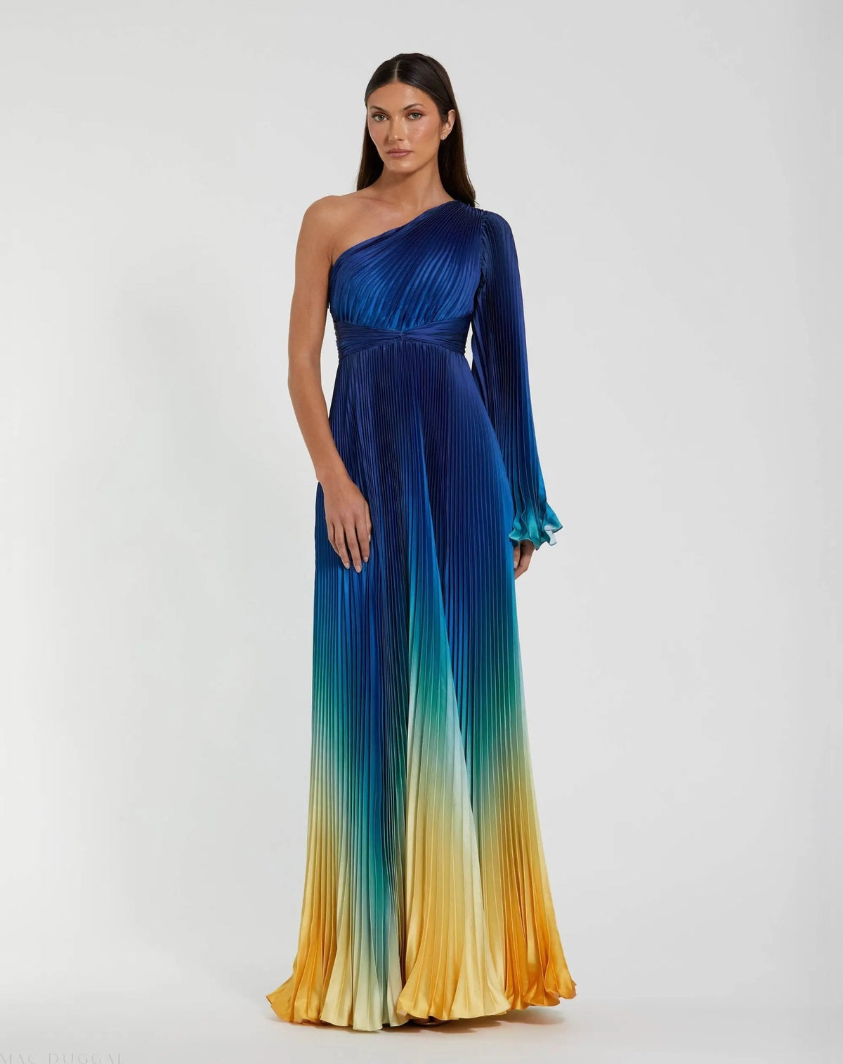 Blue Ombre Pleated Charmeuse One-Shoulder Gown