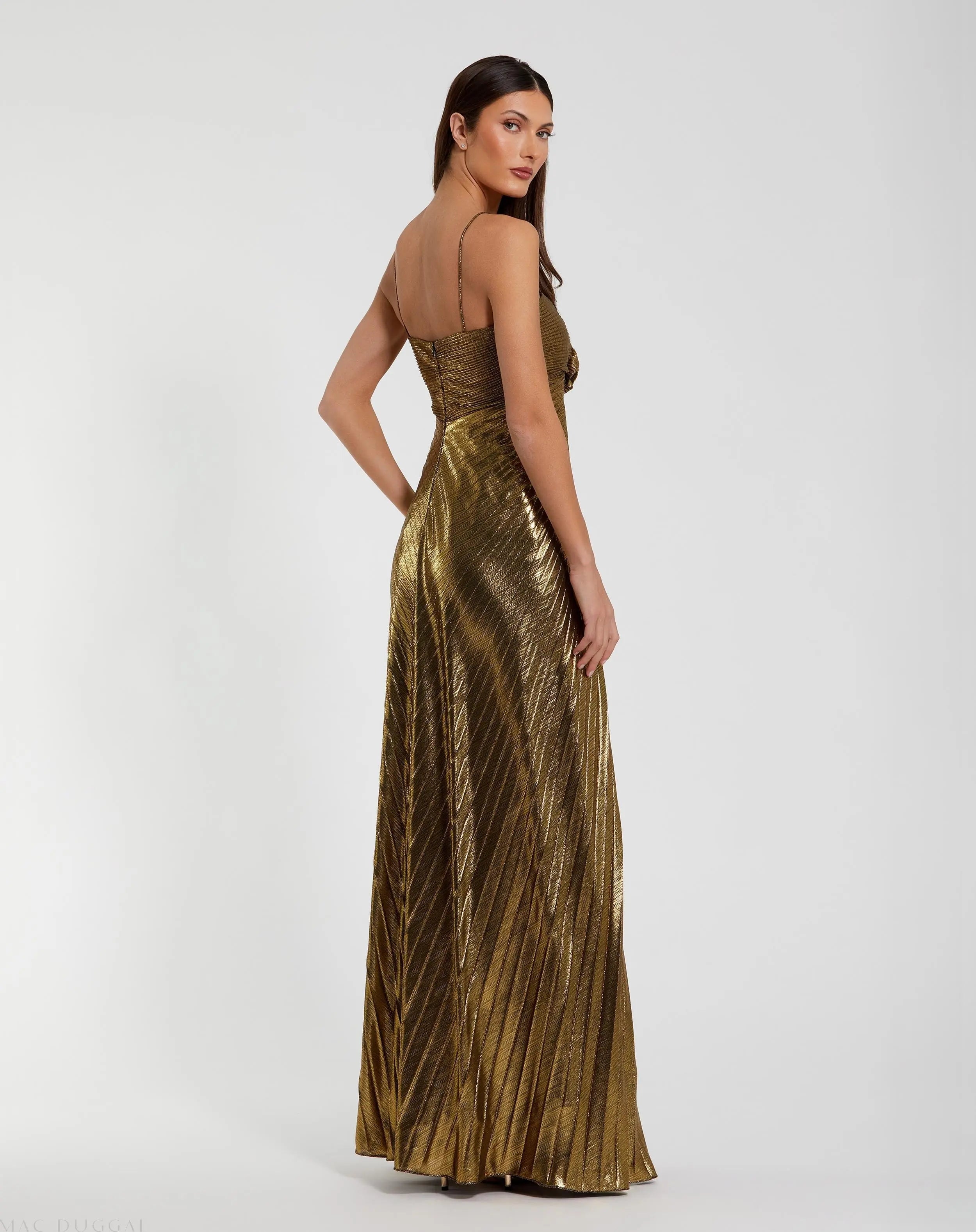 Gold Thin Strap Pleated Metallic Gown With 3D Flower