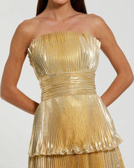 Gold Strapless Pleated Metallic Layered Ruffle Gown
