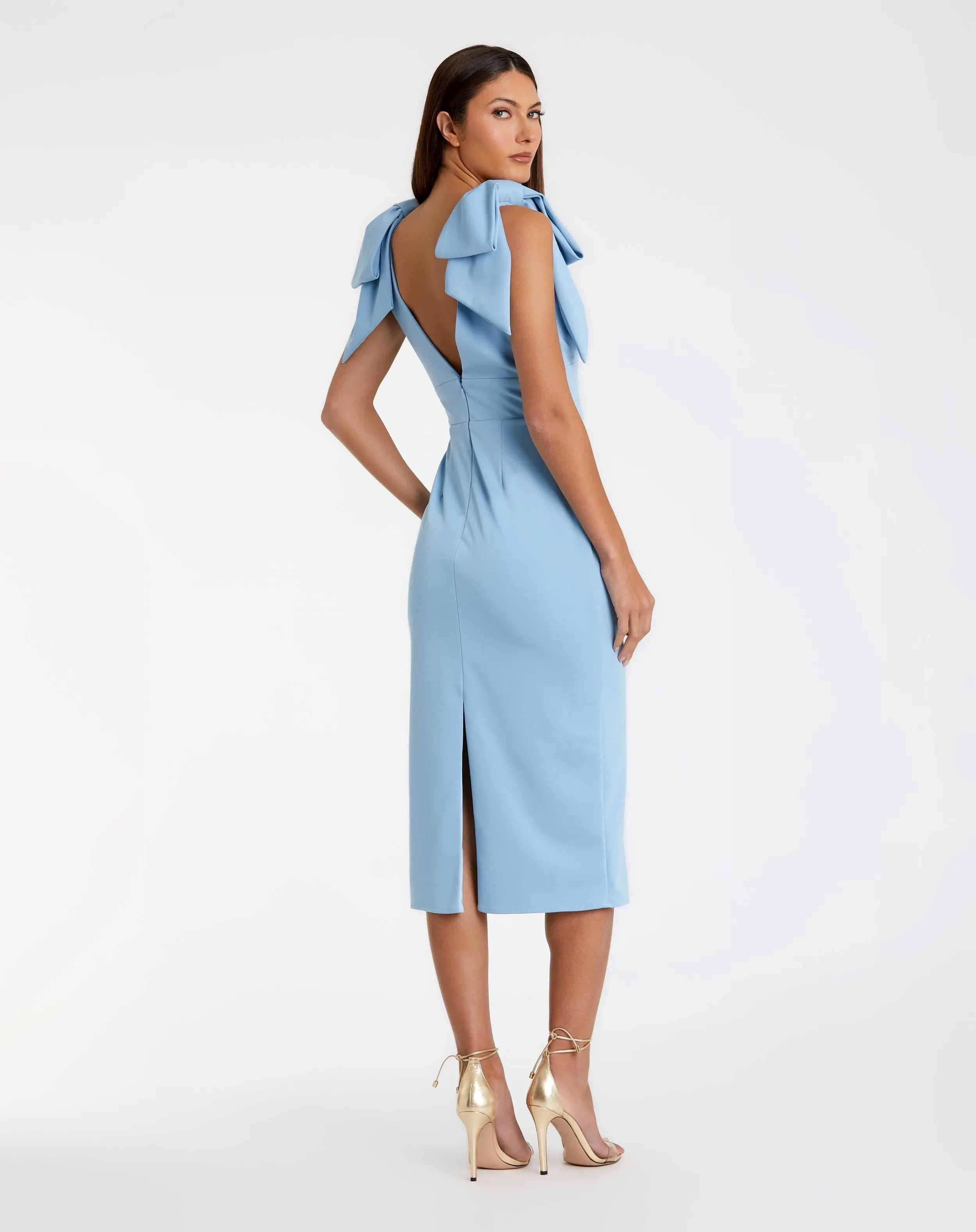 Blue Bow Strap Crepe Fitted Midi Dress
