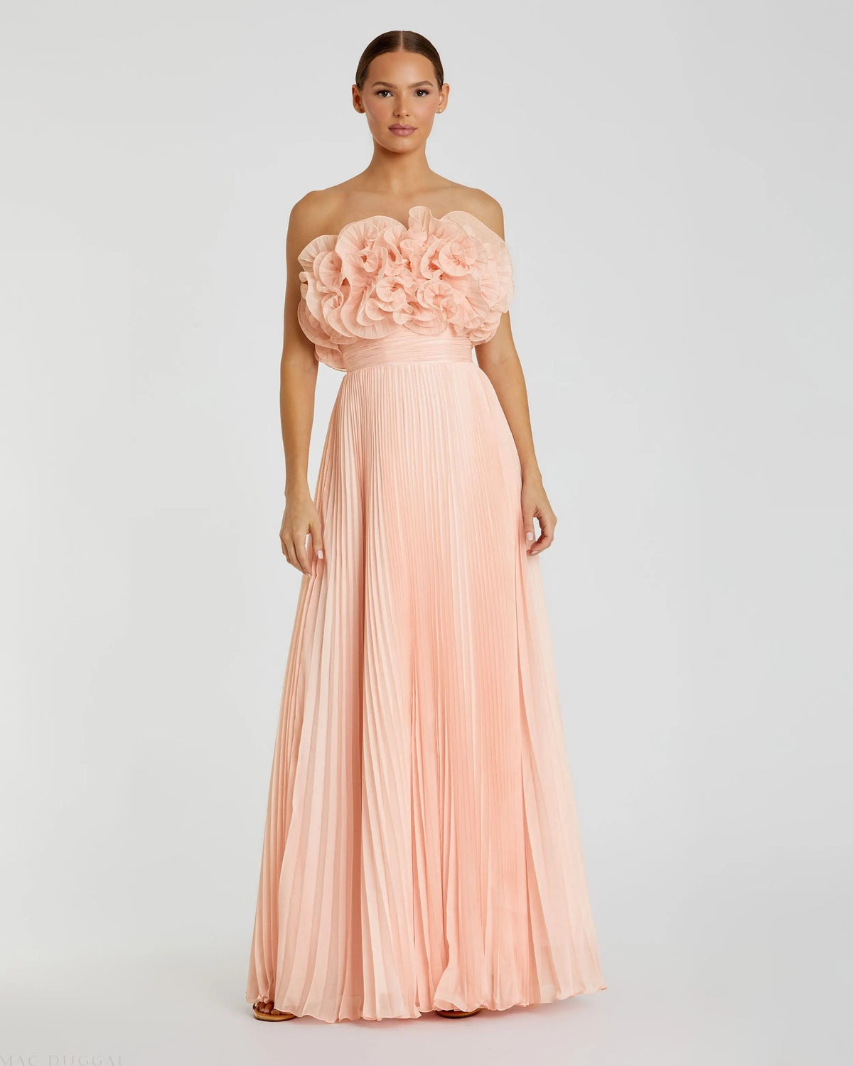 Pink Pleated Chiffon Strapless Gown With Ruffles