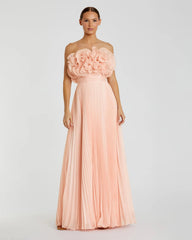 Pink Pleated Chiffon Strapless Gown With Ruffles