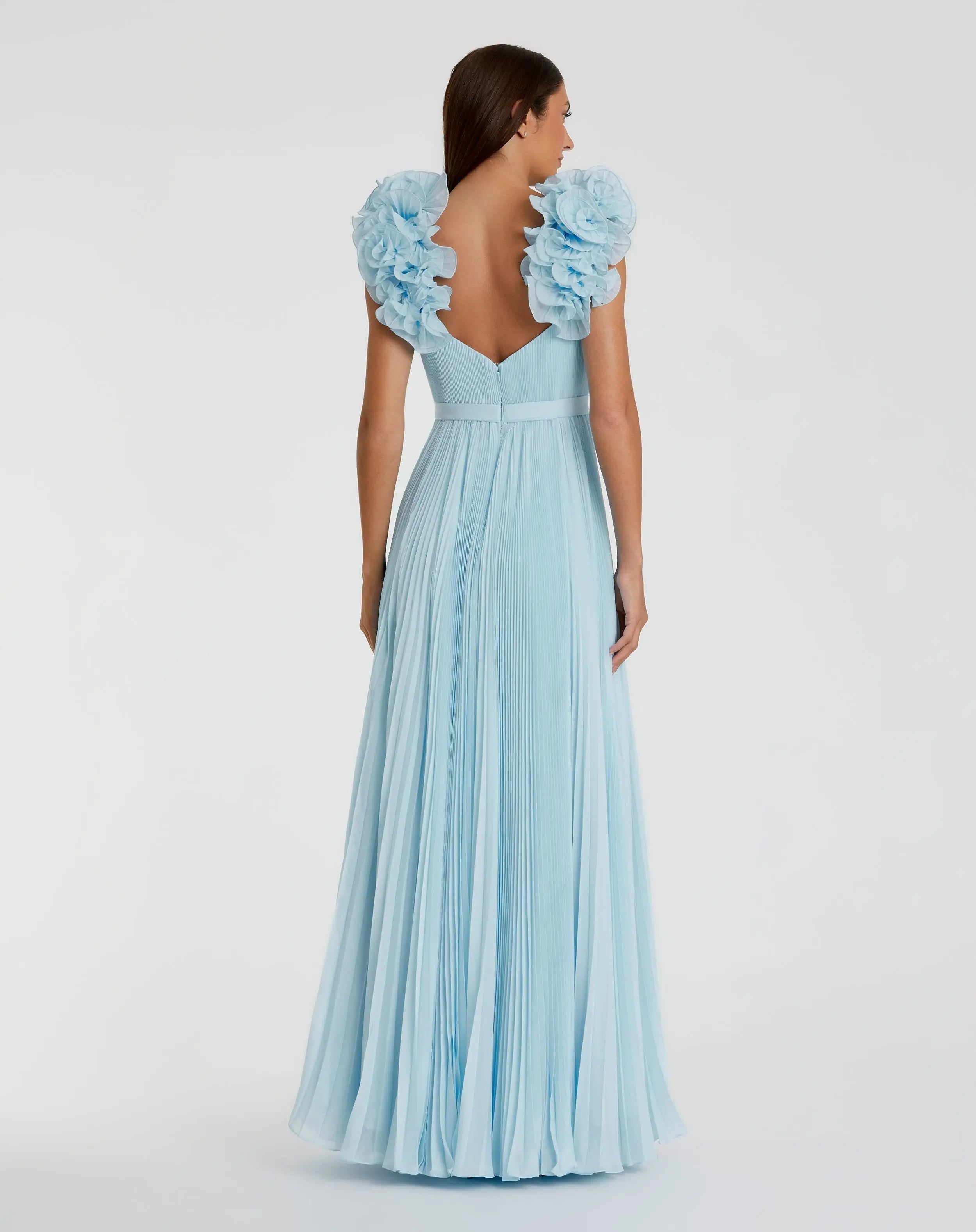 Blue Pleated Organza Gown With Ruffle Straps