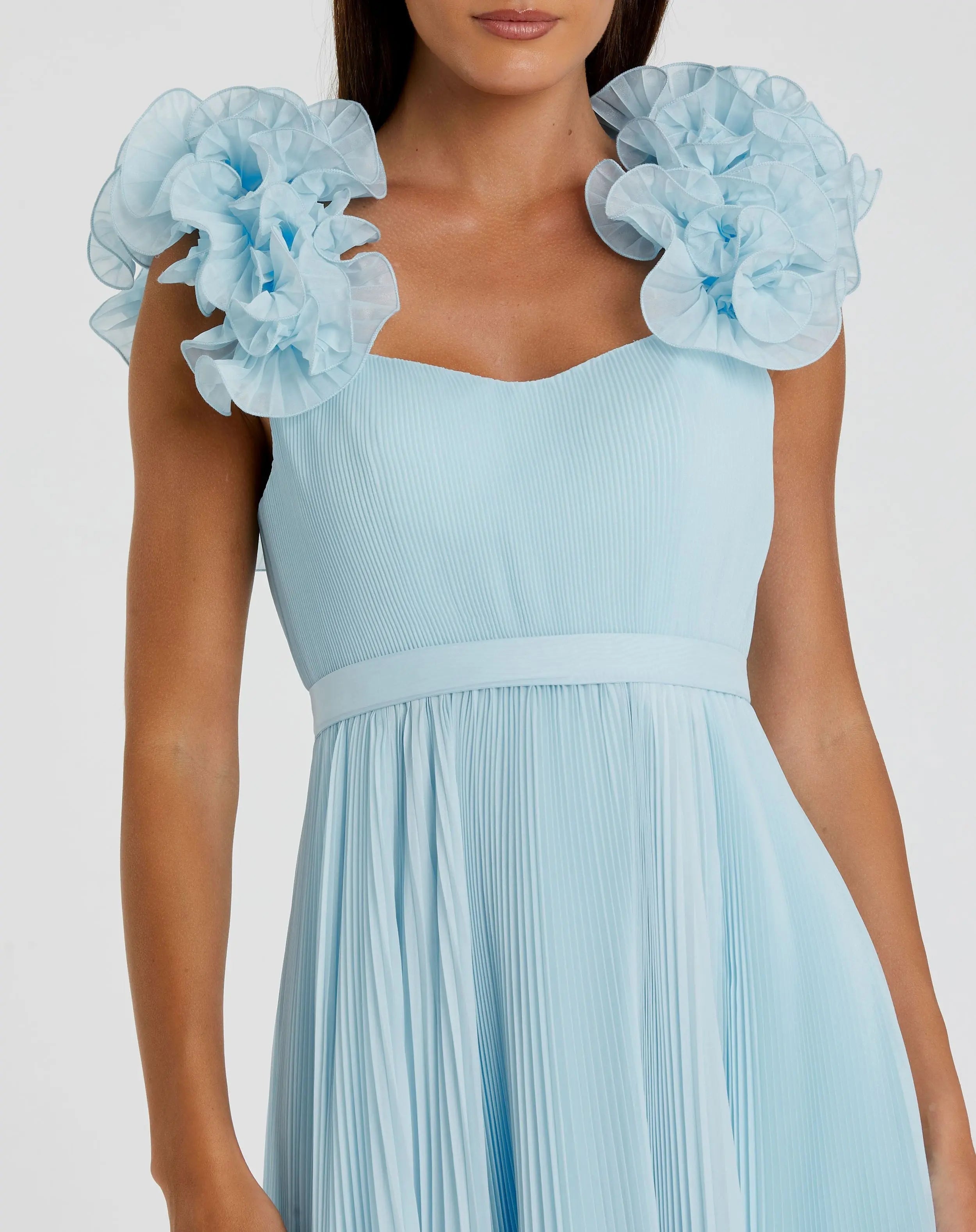 Blue Pleated Organza Gown With Ruffle Straps
