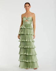 Green Pleated Charmeuse Strapless Tiered Ruffle Gown