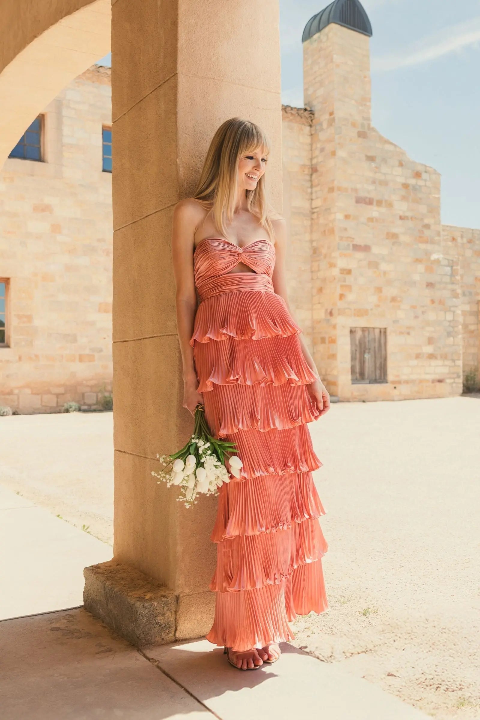 Pink Pleated Charmeuse Strapless Tiered Ruffle Gown
