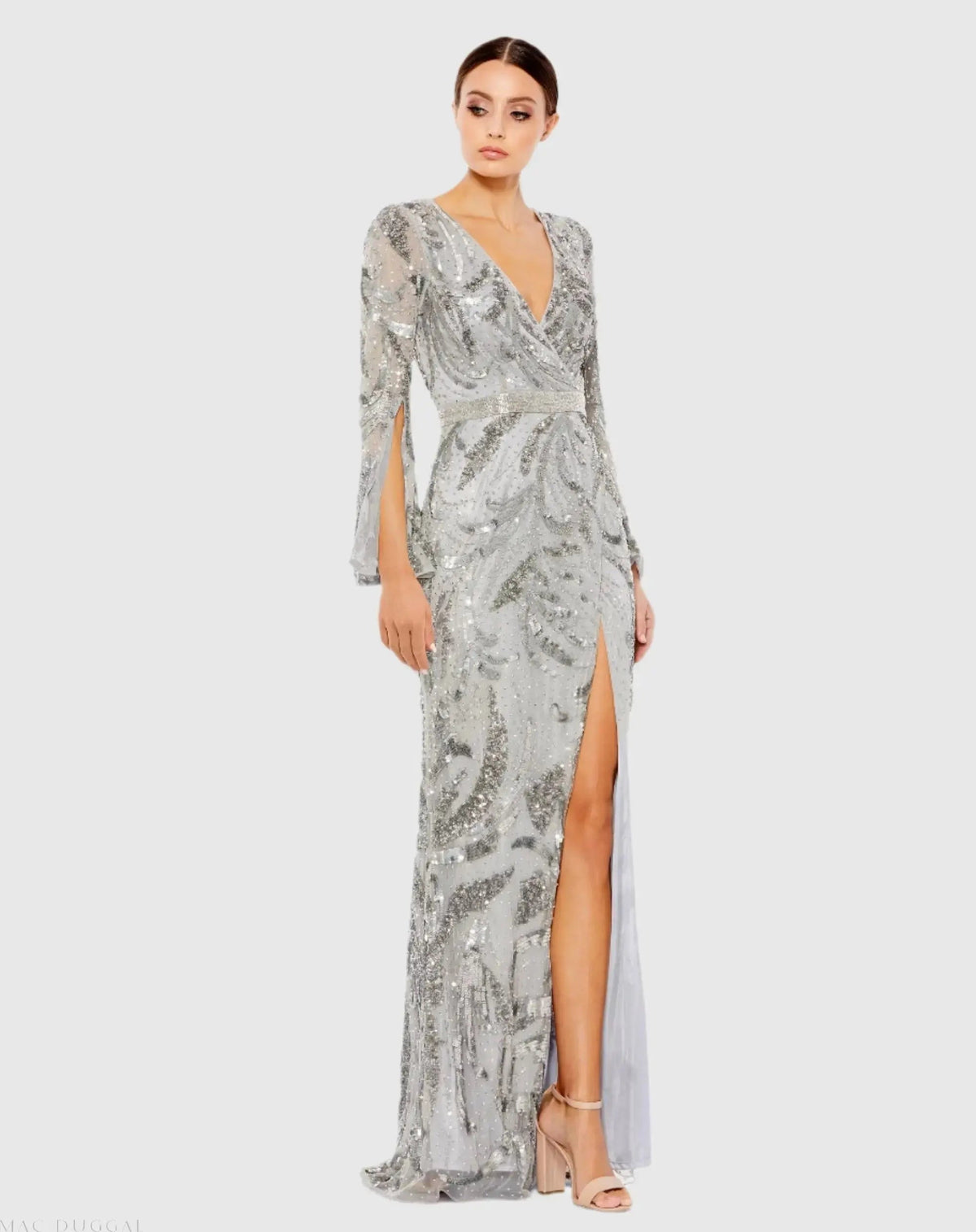 Silver Sequined Faux Wrap Split Long Sleeve Gown