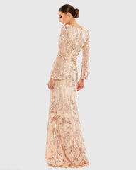 Pink Sequined Faux Wrap Split Long Sleeve Gown