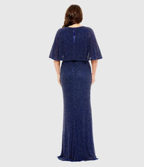 Navy Embellished Cape Sleeve Gown (Plus)