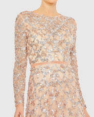 Pink Embellished Illusion High Neck Long Sleeve A Line Gown