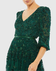 Green Embellished V Neck 3/4 Sleeve A Line Gown