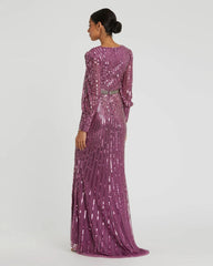 Purple Sequined Wrap Over Bishop Sleeve Gown