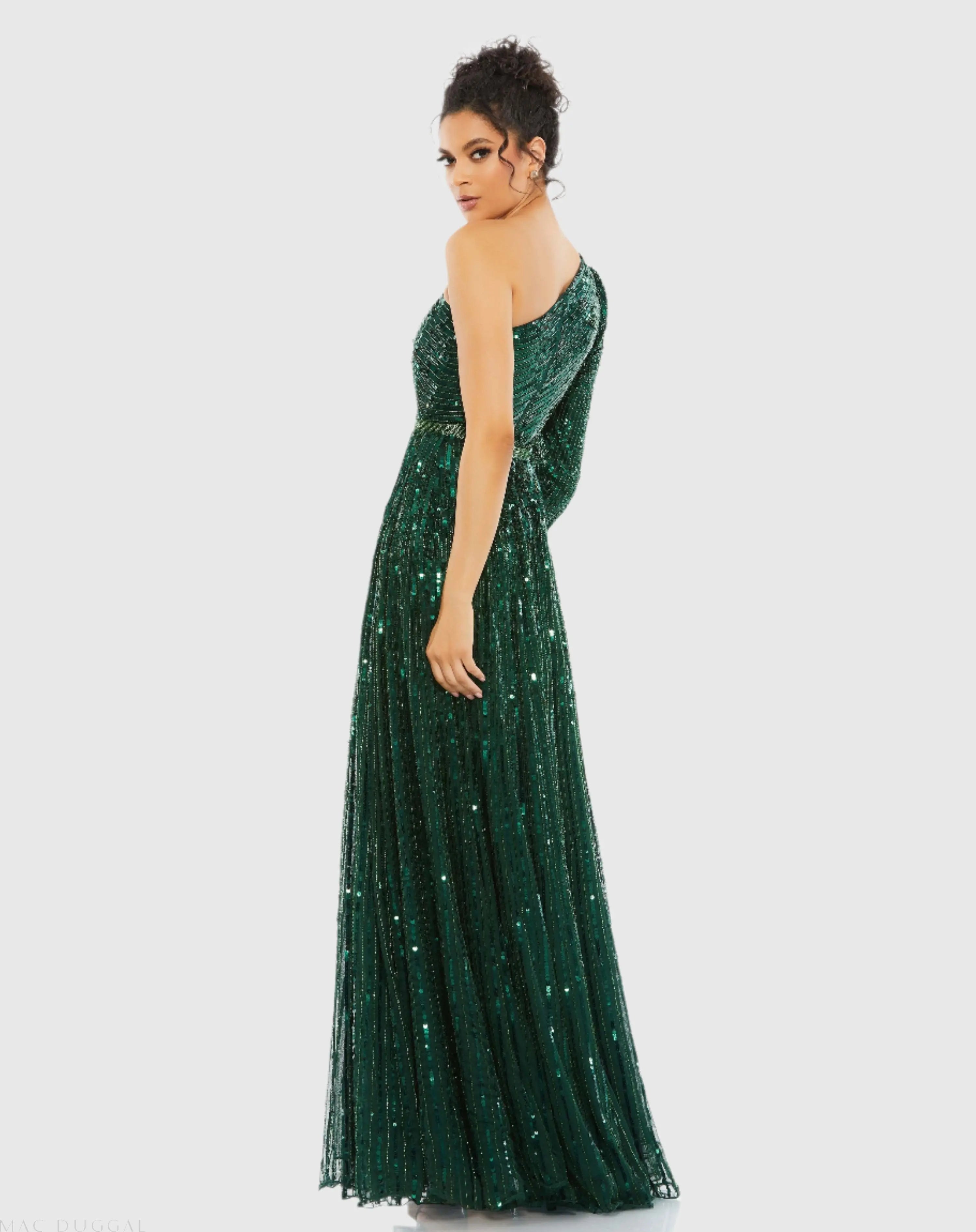 Green Sequined One Shoulder A Line Gown