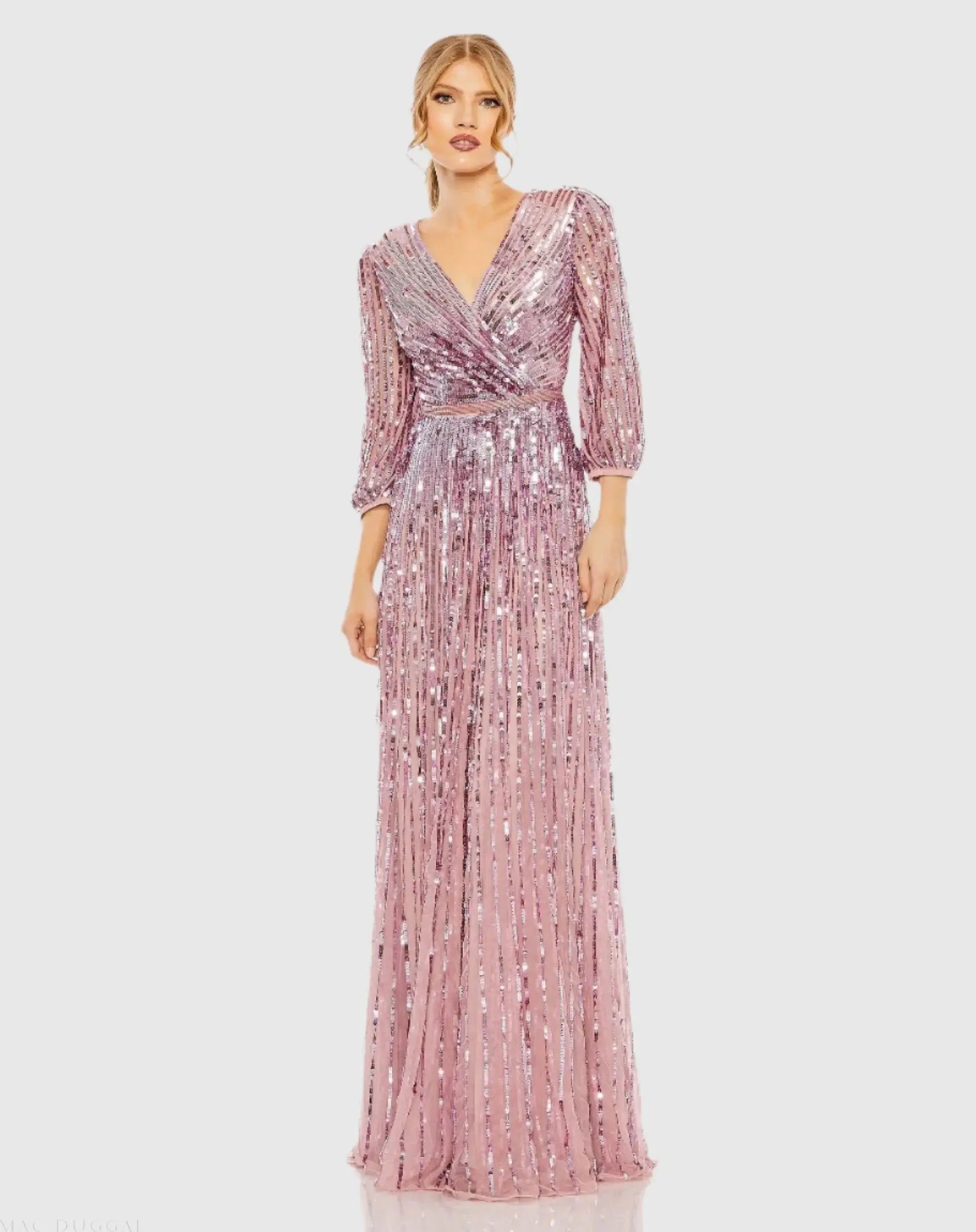Sequined Wrap Over 3/4 Sleeve Gown