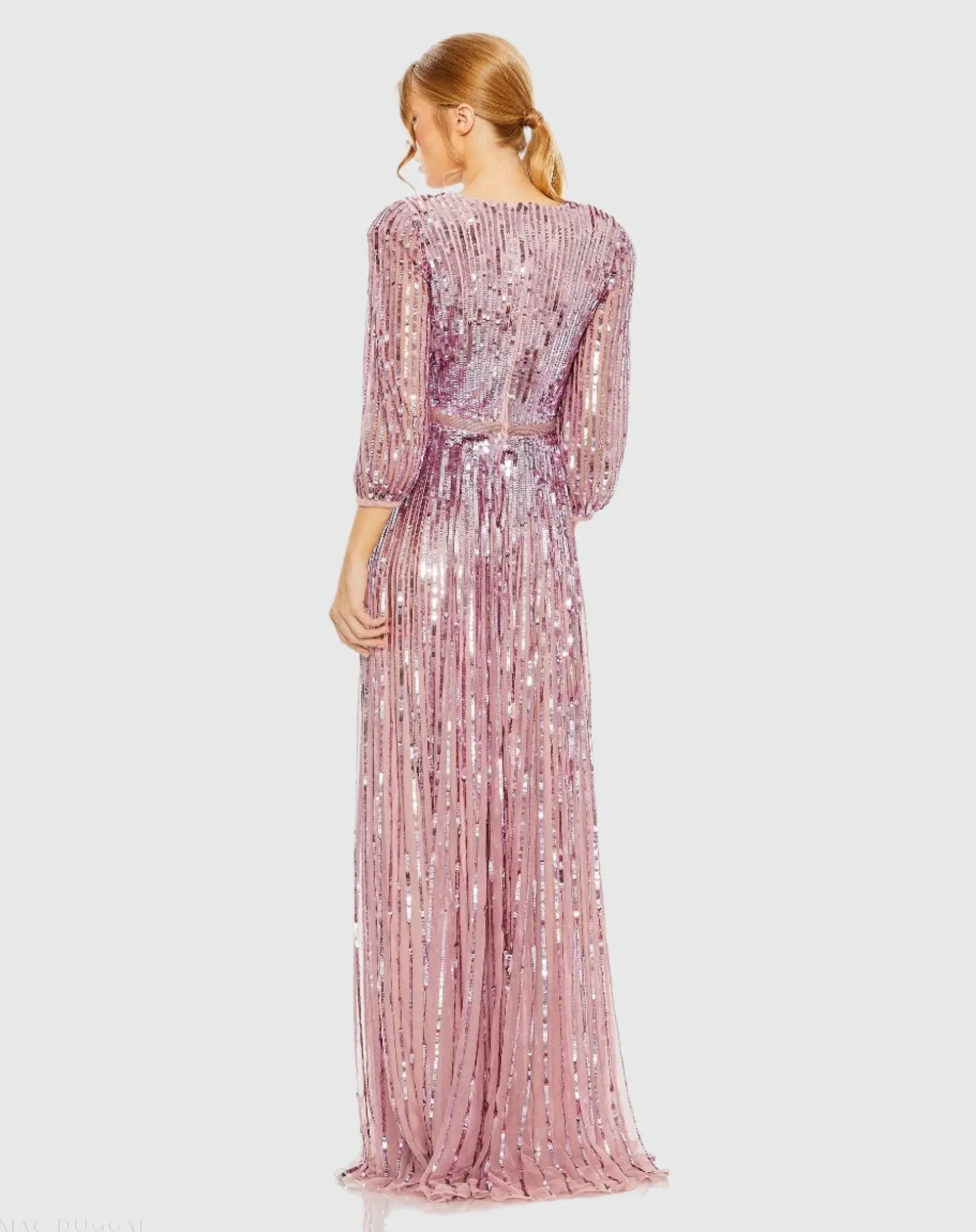 Purple Sequined Wrap Over 3/4 Sleeve Gown