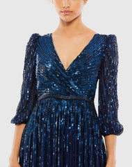 Navy Sequined Wrap Over 3/4 Sleeve Gown